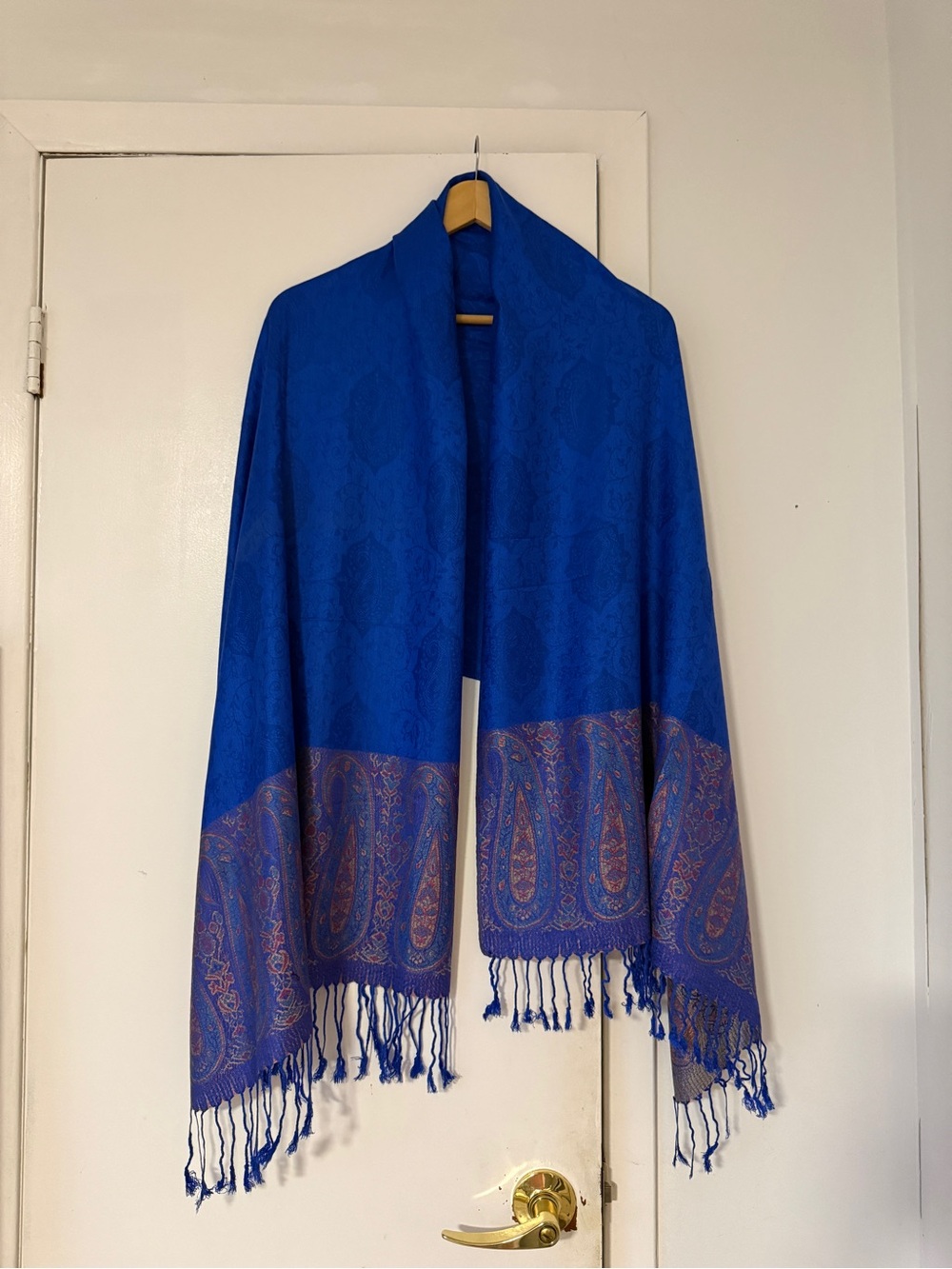 Royal Blue Paisley-Trim Shawl Coat Wrap